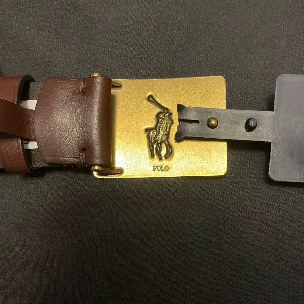NWT  Polo Ralph Lauren Men’s Brown Leather Belt with Big Pony Gold Buckle. Sz:42